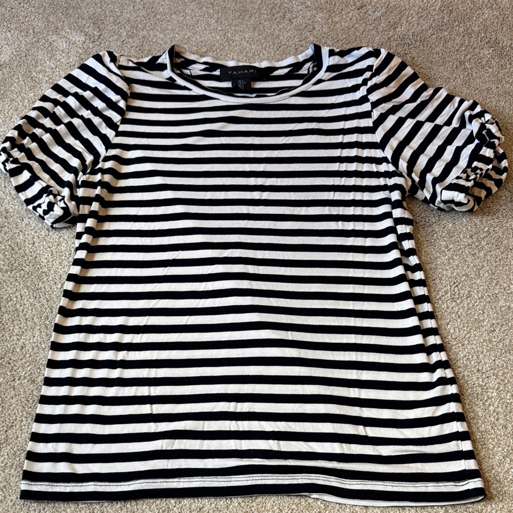 Tahari  Classic Navy Blue and White Striped Short Sleeve Top Women's Size Small